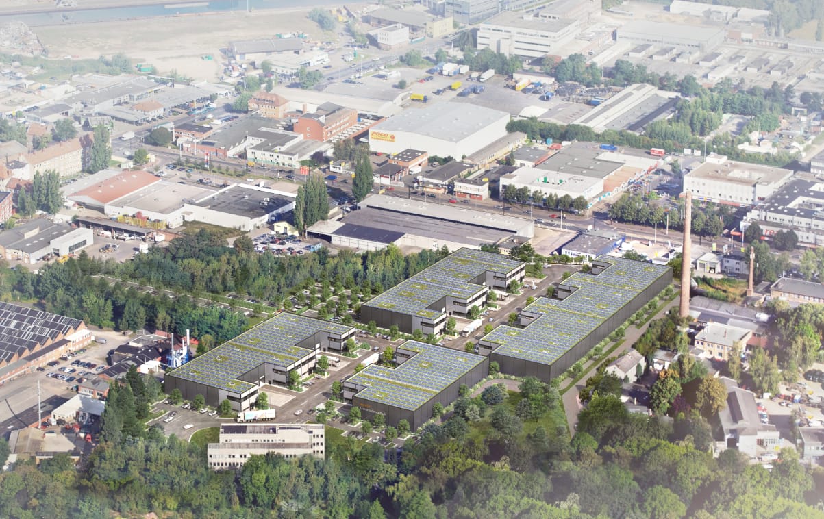 Luftbild von Hannover mit Visualisierung der Neubauten des UnternehmerParks "Altes Stahlwerk"