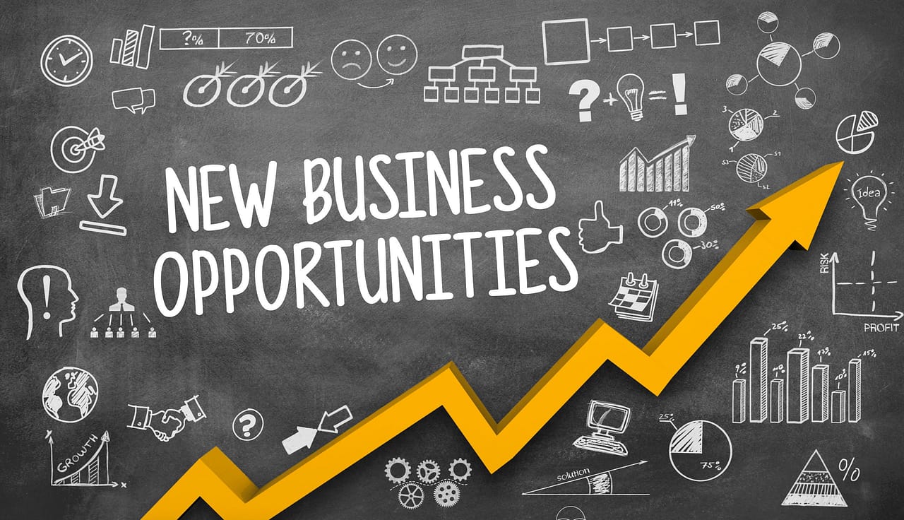 Eine Tafel mit der Aufschrift "New Business Opportunities" und mehreren Icons aus dem Wirtschafts- und Business-Context