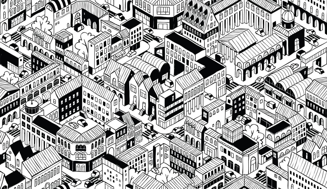 Schwarzweiß Zeichnung einer dicht besiedelten Stadt