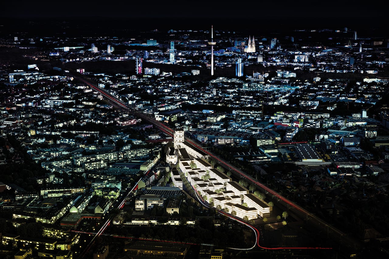 Visualisierung Gesamtareal Ehrenveedel Köln bei Nacht