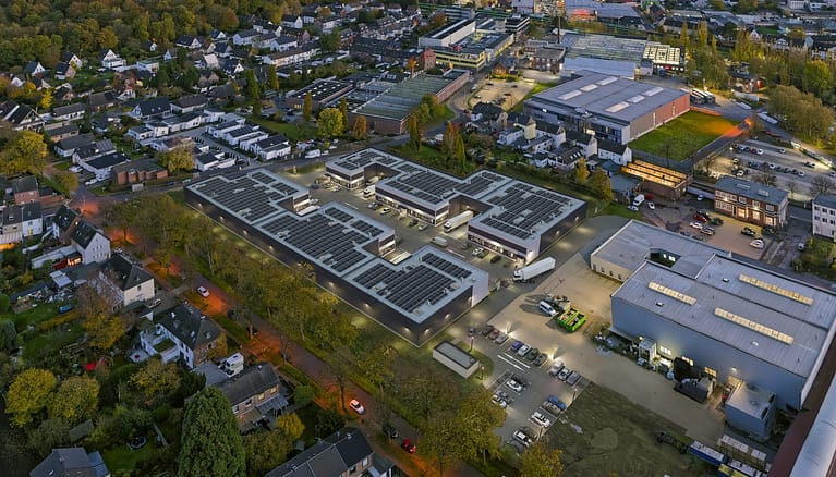Luftbild mit Rendering vom Neubau der Gewerbehallen im UnternehmerPark Viersen