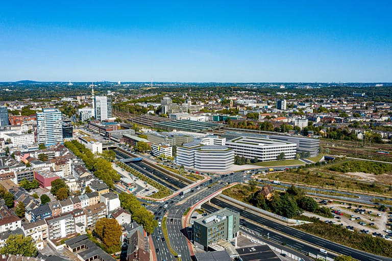 Luftbild des fertiggestellten Quartier 1 in Duisburg