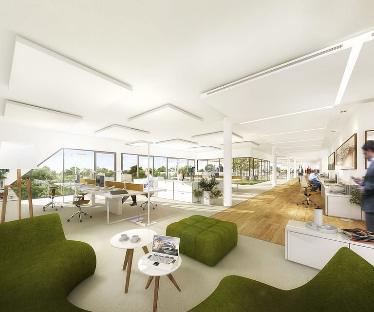 Innenvisualisierung des Bürobereichs in der Multi-Tenant-Immobilie Gate41